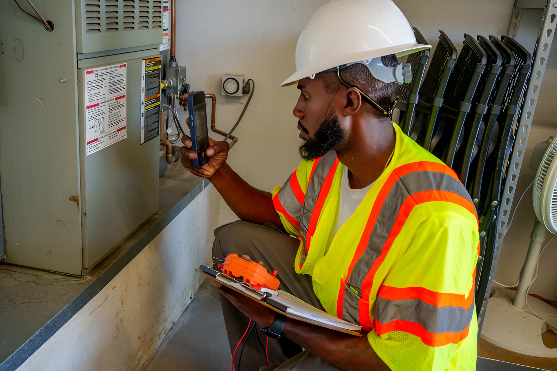 Man in a hard hat and safety vest sitting on the floor, holding a clipboard and a pen